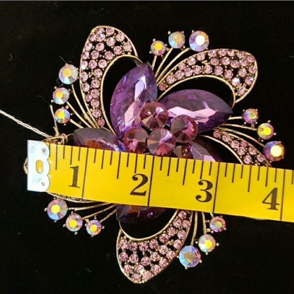 VNTG Large Floral Pink Rose Rhinestone Ruby Red/Purple Gemstone Brooch - Picture 9 of 9
